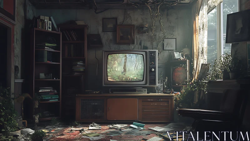 Decaying retro living room with CRT television and invasive foliage.