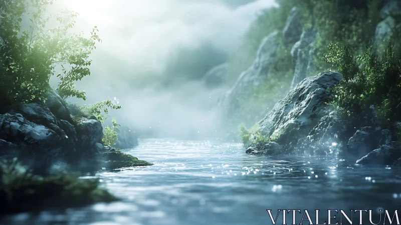 Mist-draped river whispers through rocks and waking light