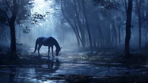 Gentle moonlit horse wandering through a quiet blue forest.