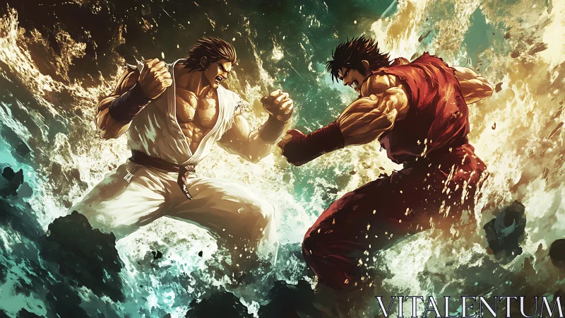 Dynamic muscular fighters collide amid turbulent water impacts