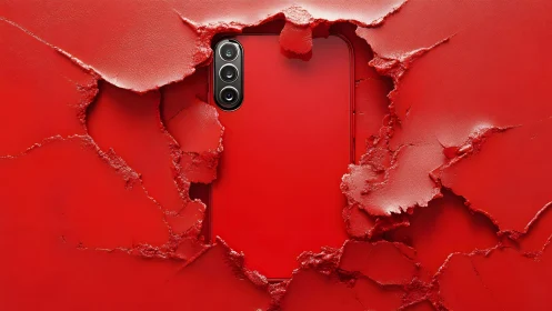 Modern smartphone emerging from cracked red textured surface.