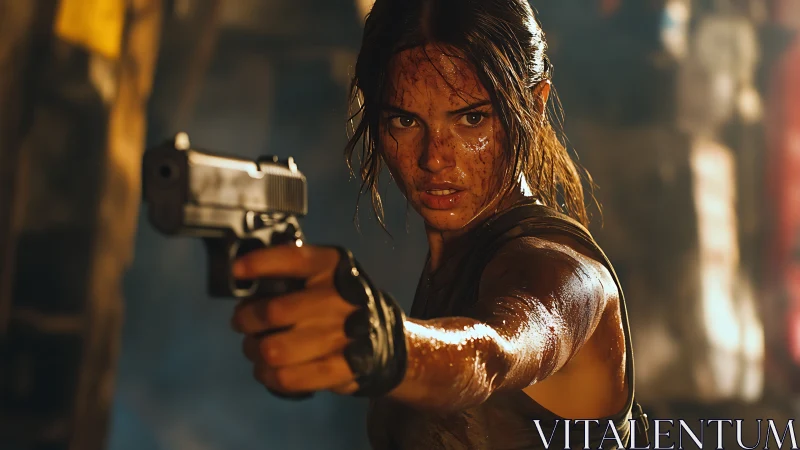 Battle-hardened heroine aiming pistol under dramatic warm light