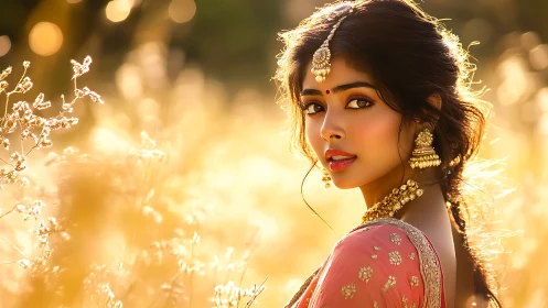Woman in traditional attire in sunlit field portrait scene.