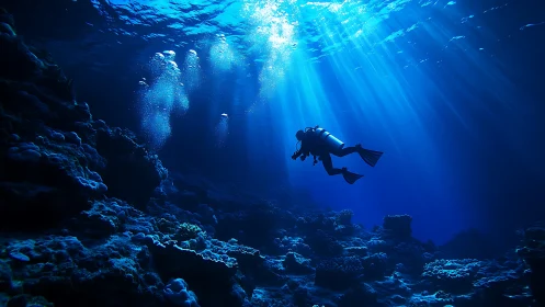 Scuba diver explores deep coral reef under blue shafts.