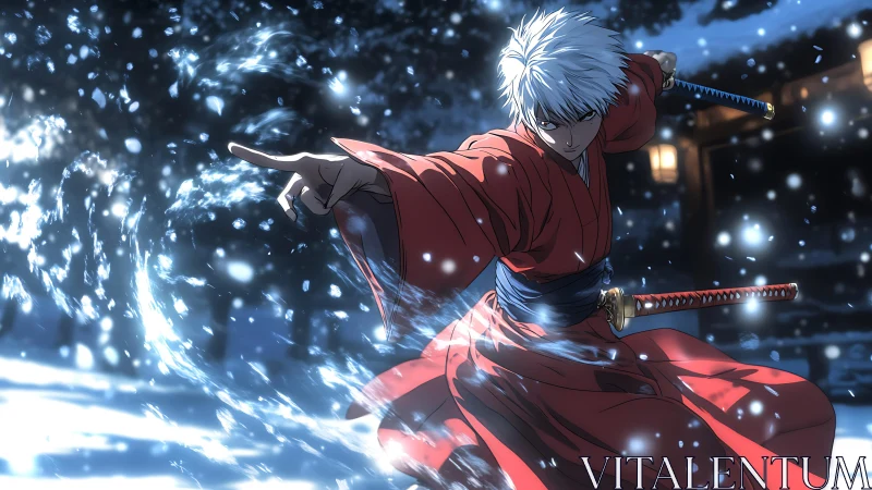 Samurai in red kimono channels dynamic snow energy in battle