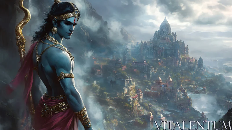 Epic digital painting of mythic guardian and misted temple city.