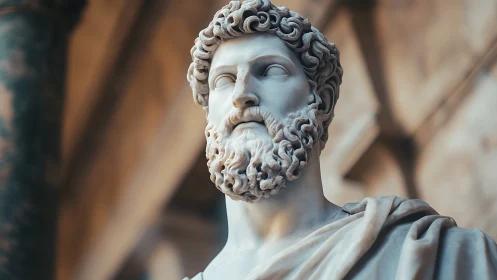 Marble bearded Roman statue gazes upward in soft light.