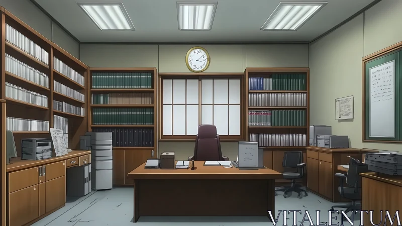 Orderly office interior with bookshelves and central desk.