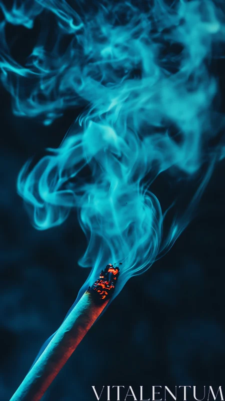 Glowing cigarette ember sends curling blue smoke upward