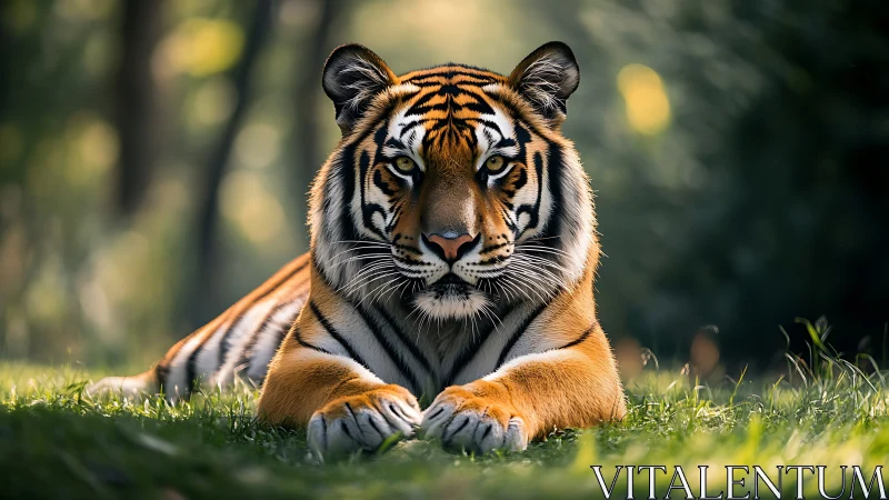 Photorealistic tiger portrait in shallow-depth forest setting.