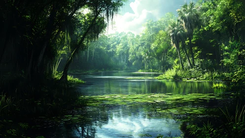 Verdant Waterway Through Dense Tropical Forest Canopy.