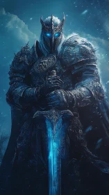 Digital painting of frost-armored death knight with glowing blade.