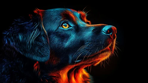 Radiant neon dog portrait in dramatic side profile view.