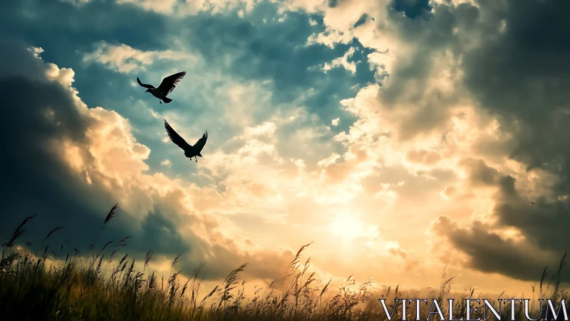 Two Birds Flying Over Meadow at Sunset in Dramatic Sky Scene.