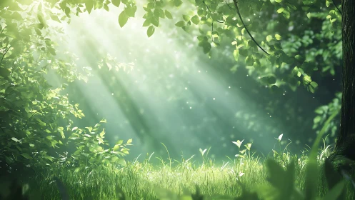 Sunlit forest clearing with lush greenery, soft dreamy light.
