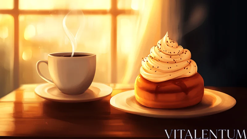 Still life rendering depicts steaming coffee cup and frosted pastry.