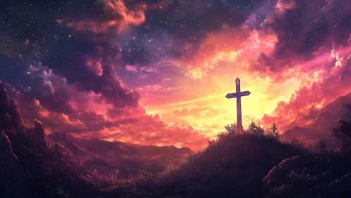 Lone hilltop cross glows beneath a blazing cosmic sunset sky