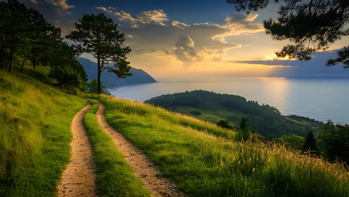 Photorealistic coastal hillside trail at golden-hour sunset.
