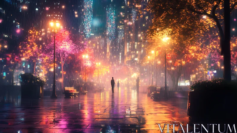 Solitary figure in neon lit rainy city park at night.