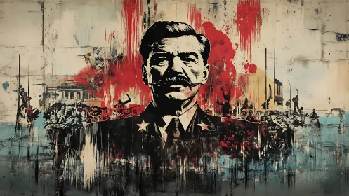 Propagandistic leader portrait amid chaotic urban warfare matrix.