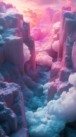 Neon ice canyon filled with drifting pastel clouds at dusk.