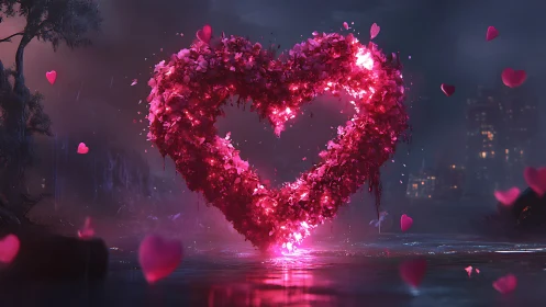 Glowing floral heart sculpture emits magenta light in urban night.