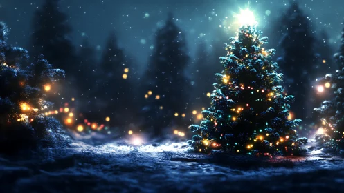 Photorealistic nocturnal Christmas tree with bokeh lighting focus.
