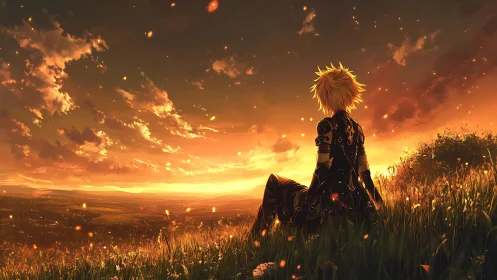 Armored figure observes volumetric sunset over illuminated valley