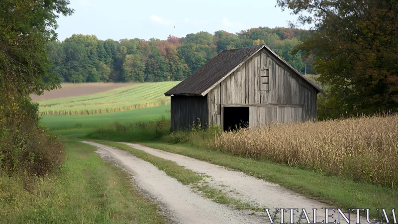 Rural gravel lane and weathered barn in layered farmland landscape.