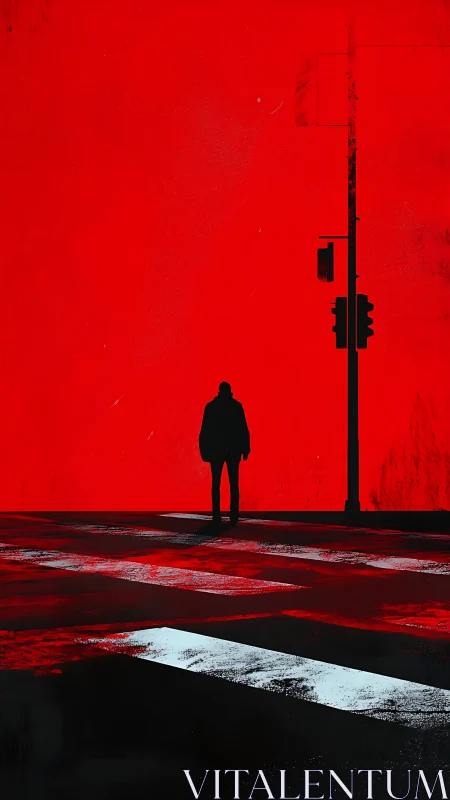 High-contrast silhouette at crosswalk under minimal traffic signal