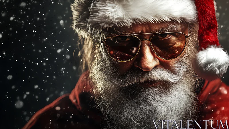 Edgy Santa Claus stares through snow in dramatic close-up.