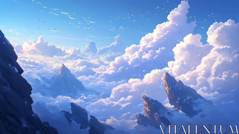 Sunlit alpine spires pierce stratocumulus cloud ocean