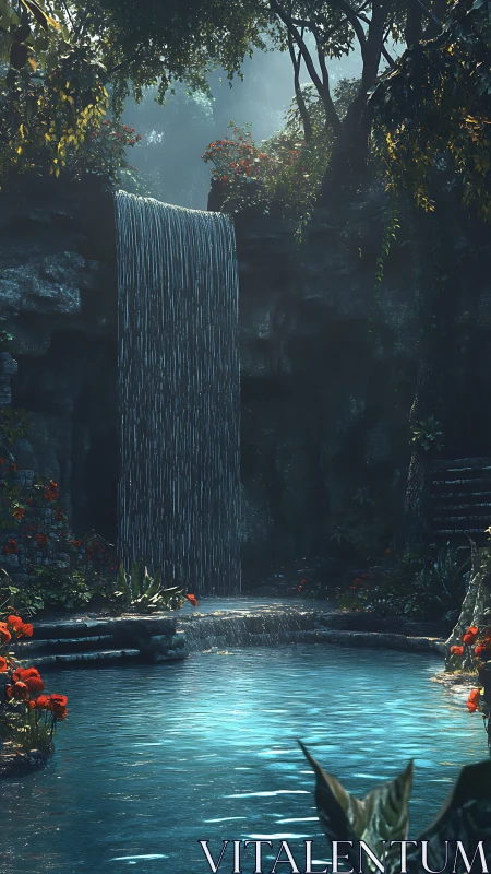 Hidden forest waterfall pool wrapped in soft morning light.