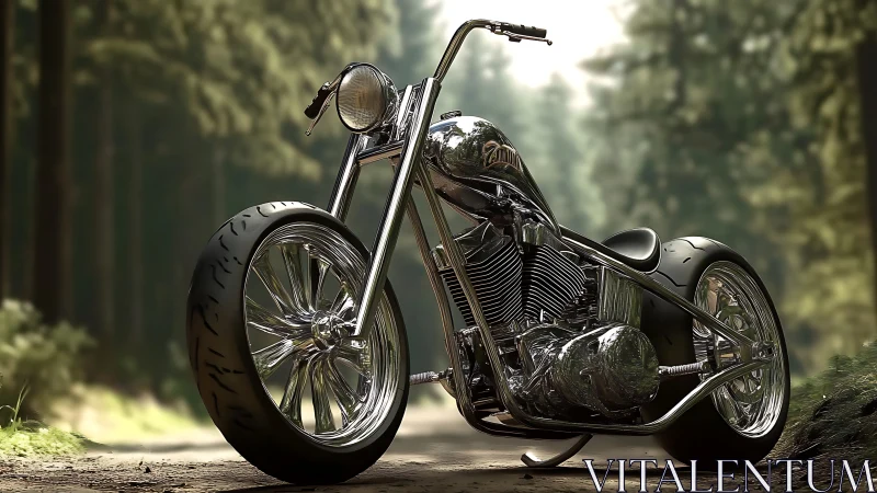 Chrome custom chopper motorcycle in sunlit forest trail.