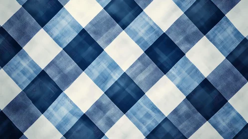 Blue and White Gingham Pattern with Watercolor Texture.