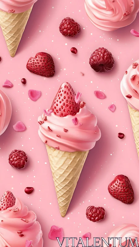 Strawberry raspberry soft serve cones on pink dessert backdrop