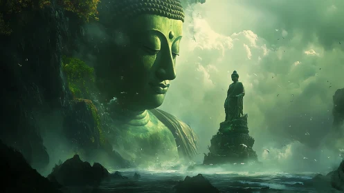 Emerald titan of serenity watches over mist crowned waters