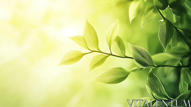 Sunlit green foliage branch with shallow depth of field glow