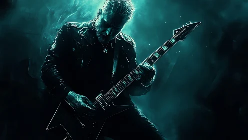 Electric guitarist lost in glowing teal stage energy.