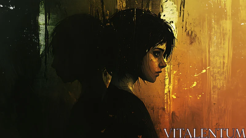 Melancholic girl in profile with dark shadow behind her.