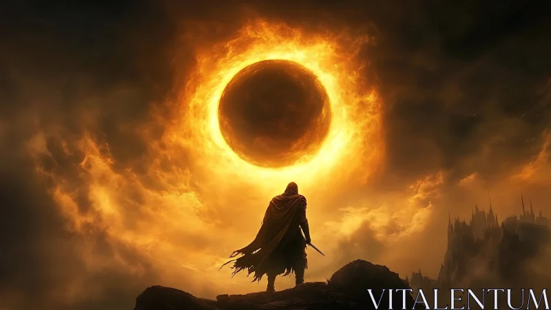 Lone wanderer watching a blazing eclipse of molten sky.