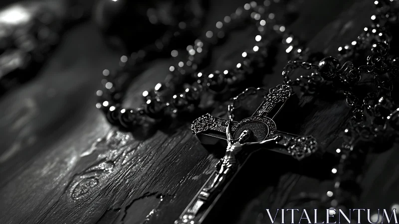 Glimmering rosary and crucifix resting in quiet shadows.