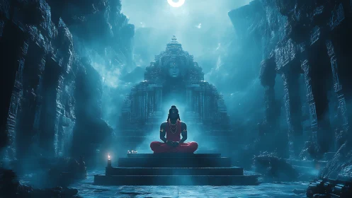 Digital painting of meditative deity in luminous stone temple.