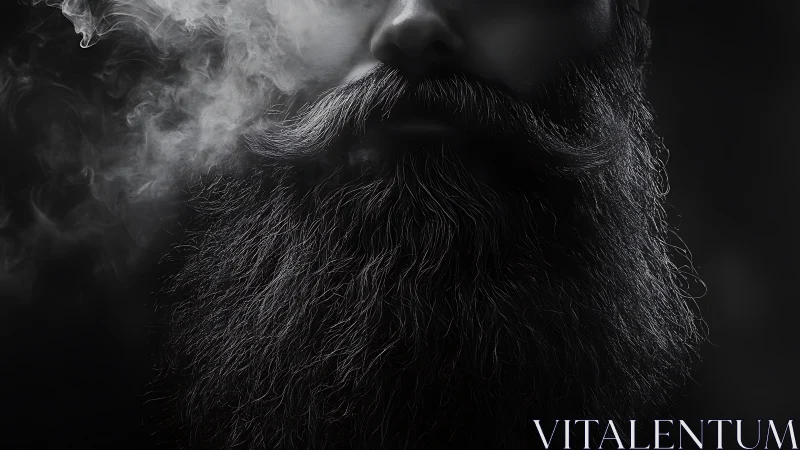Low-key portrait of bearded man with drifting smoke plume.