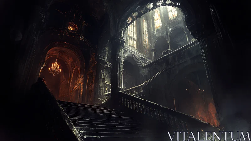 Moody grand staircase glowing with eerie golden light.