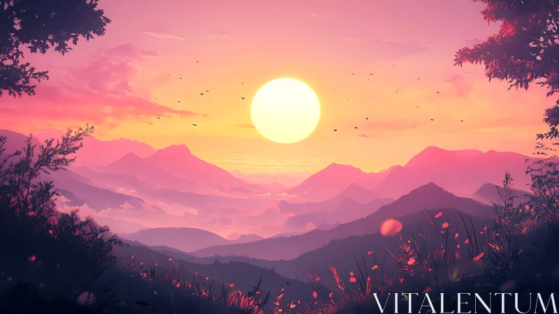Vibrant digital sunset over layered pastel mountain valley.