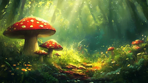 Sunlit forest path lined with storybook red mushrooms.