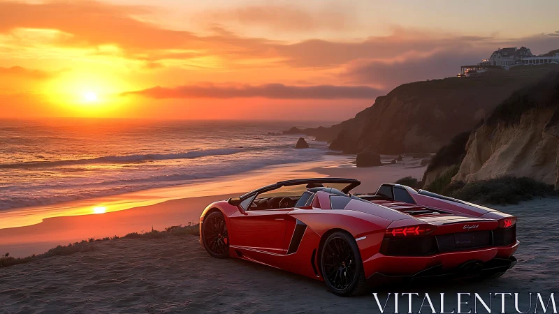 Red convertible sports car on coastal beach at sunset.