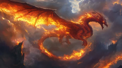 Volcanic fire dragon coils through storm-torn clouds in dynamic flight