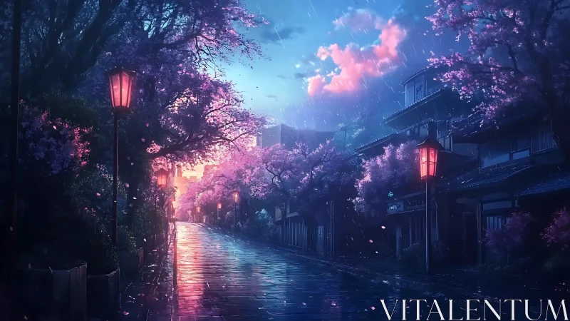 Night street scene shows wet pavement and illuminated trees